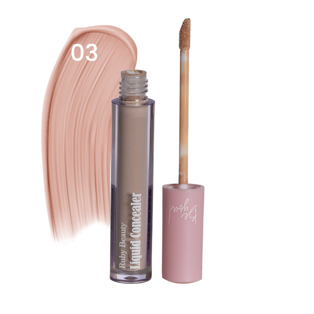 Ruby Beauty Liquid Concealer shade 03 – light medium peach tone, open with applicator