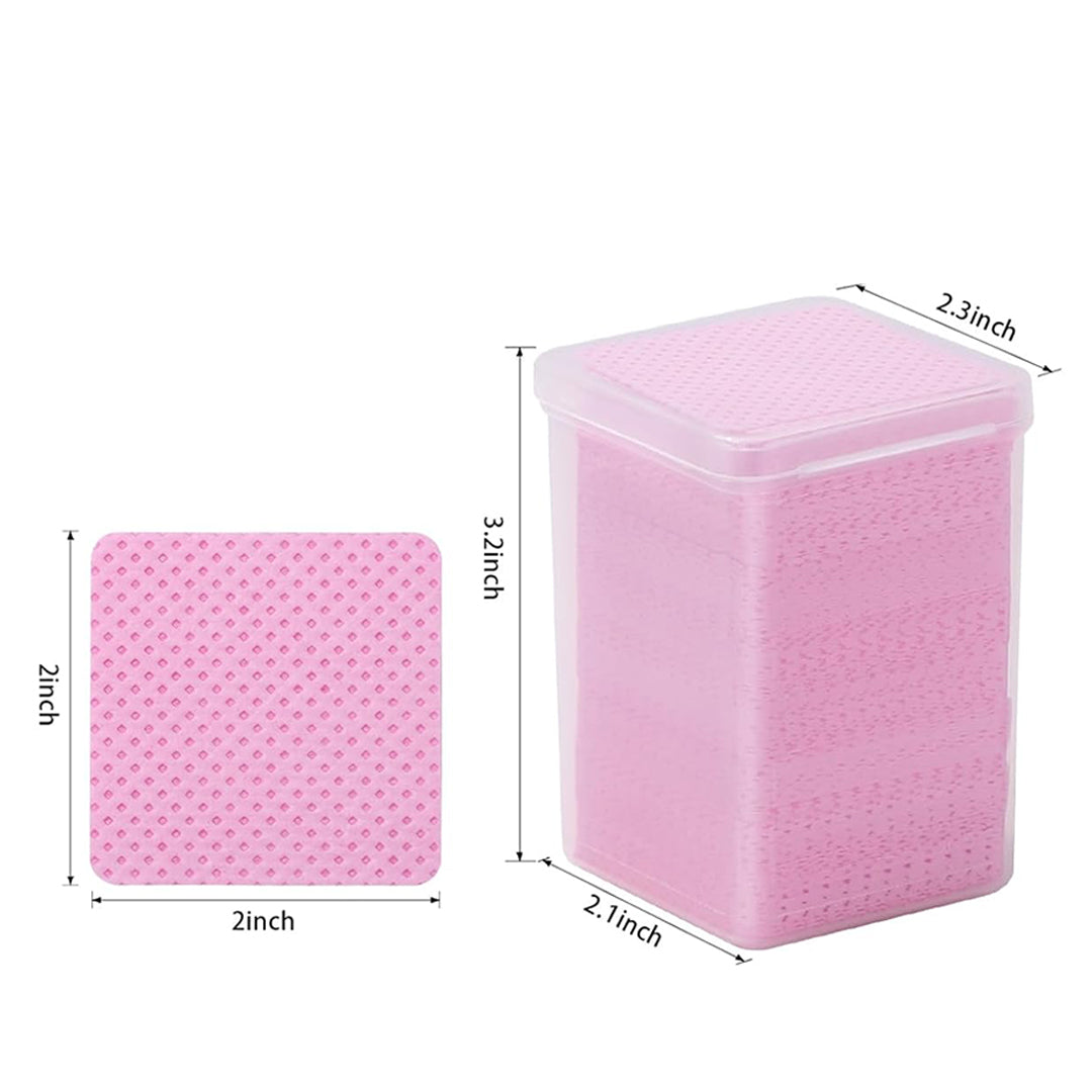 Ruby Beauty pink nail wipes in a clear container, labeled with size dimensions: 2x2 inch wipes in a 3.2 inch tall box.