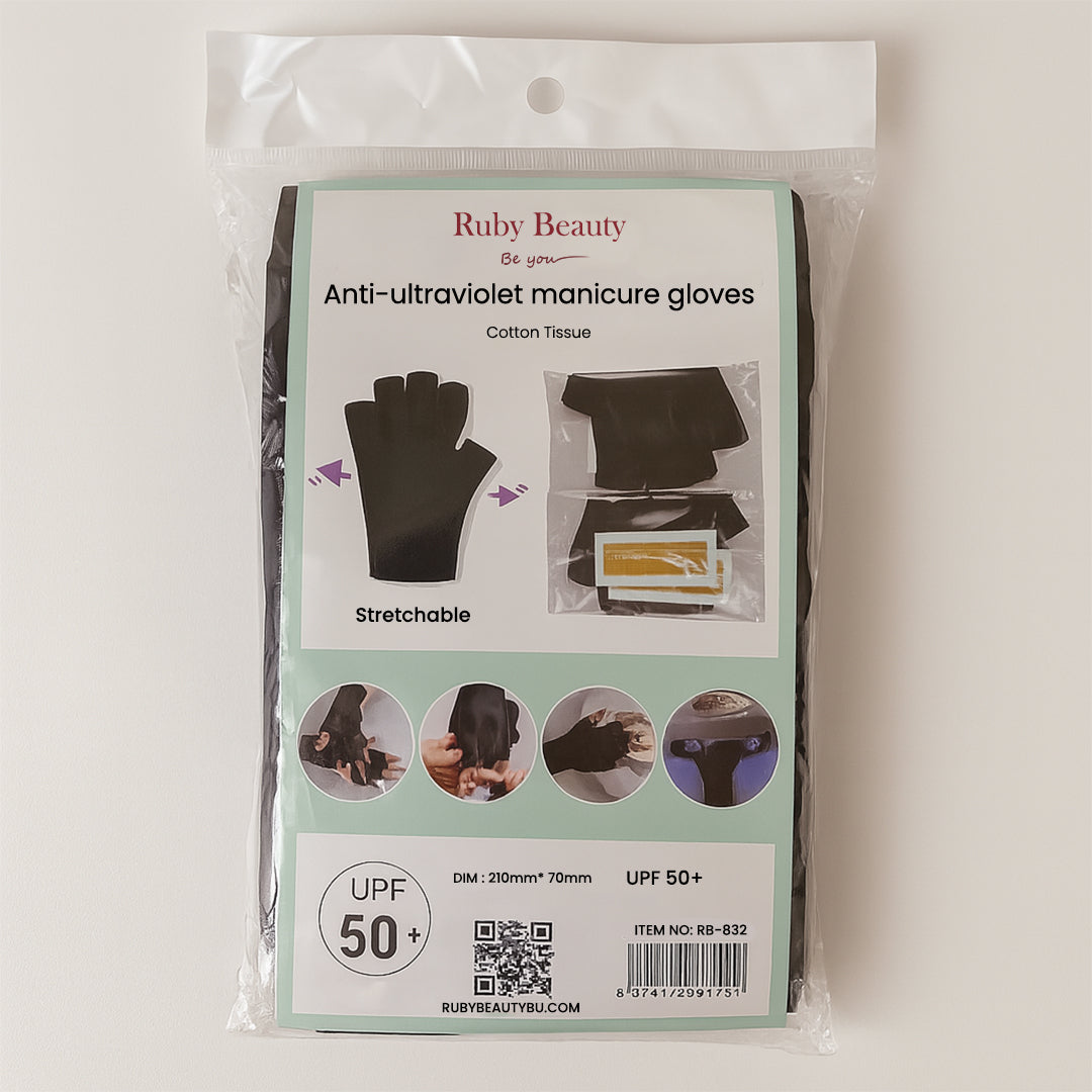 Ruby Beauty UV manicure gloves in retail packaging