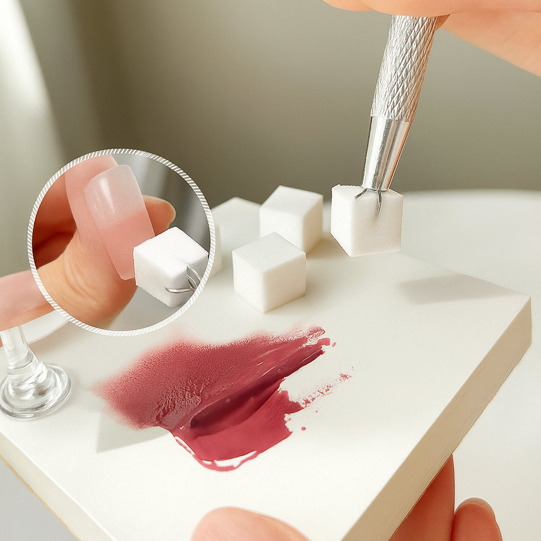 Macro view of a sponge cube being used on a nail tip for gradient design.