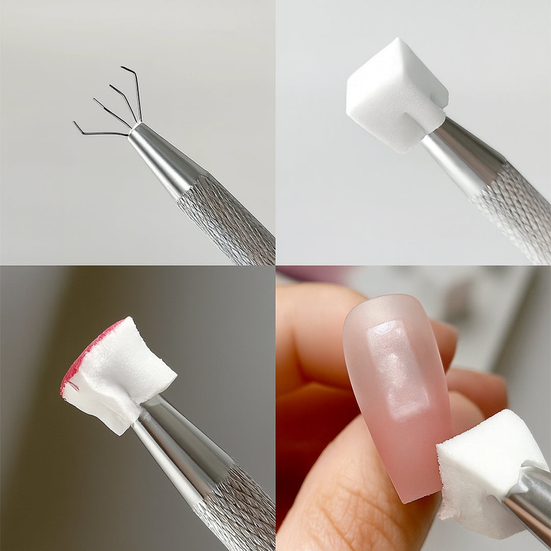 Close-up showing the nail art sponge tool with sponge attached and in use on a nail tip.