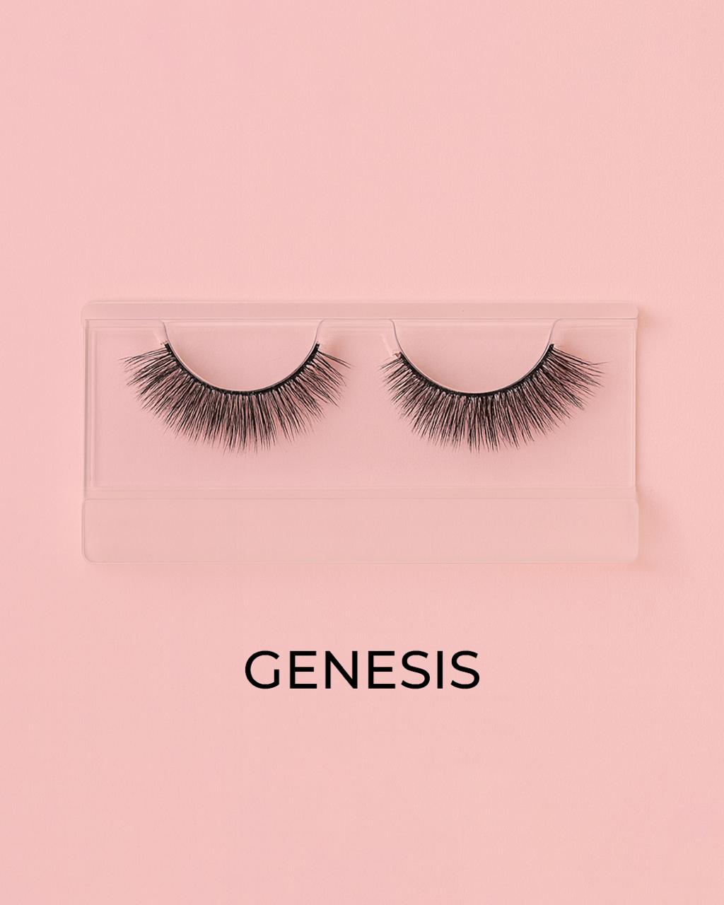 Pair of false eyelashes in a clear case on a pink background with 'GENESIS' branding.