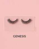 Pair of false eyelashes in a clear case on a pink background with 'GENESIS' branding.