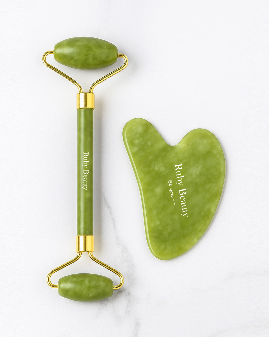 Ruby Beauty Facial Jade Roller and Gua Sha Set flatlay