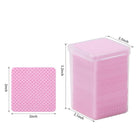 Ruby Beauty pink nail wipes in a clear container, labeled with size dimensions: 2x2 inch wipes in a 3.2 inch tall box.