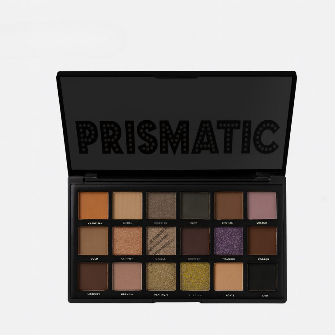 Ruby Beauty Prismatic Eyeshadow Palette – 18 open shades in matte, shimmer, and metallic finishes.