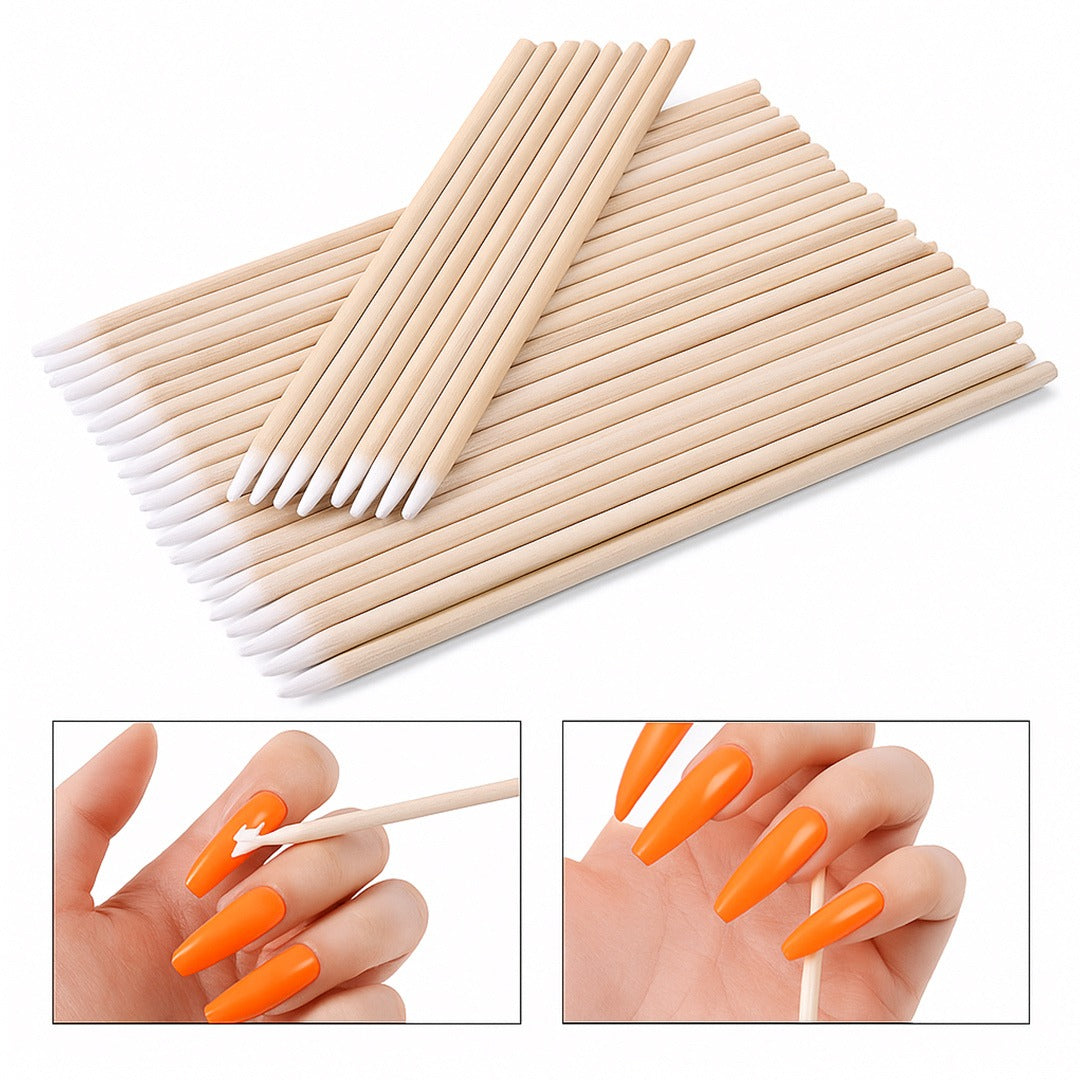 Soft wooden nail art cotton swabs used for manicure cleanup and polish detailing.